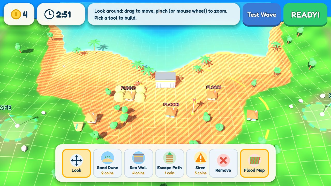 Build mode with a flood map, sand dunes, a sea wall and a warning siren placed on the island