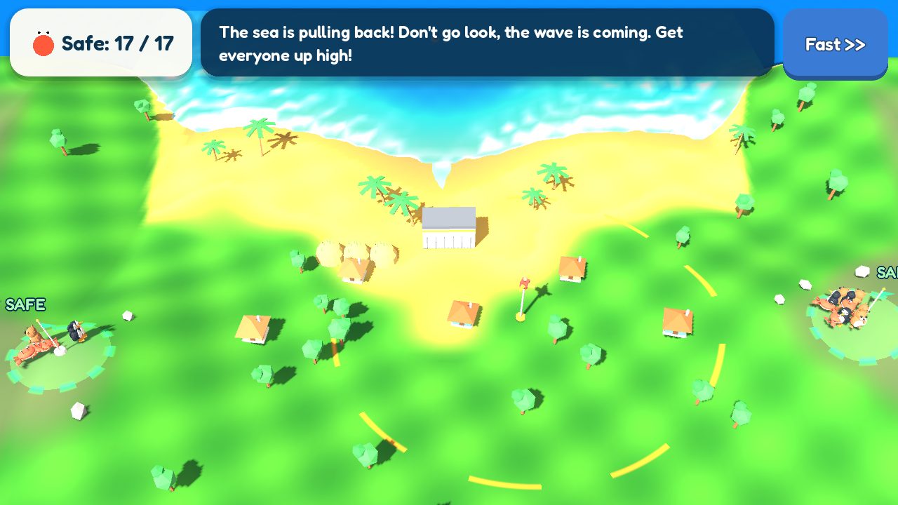 Wave Wardens gameplay: the sea pulls back from the beach as cartoon critters run to green safe zones on the hills