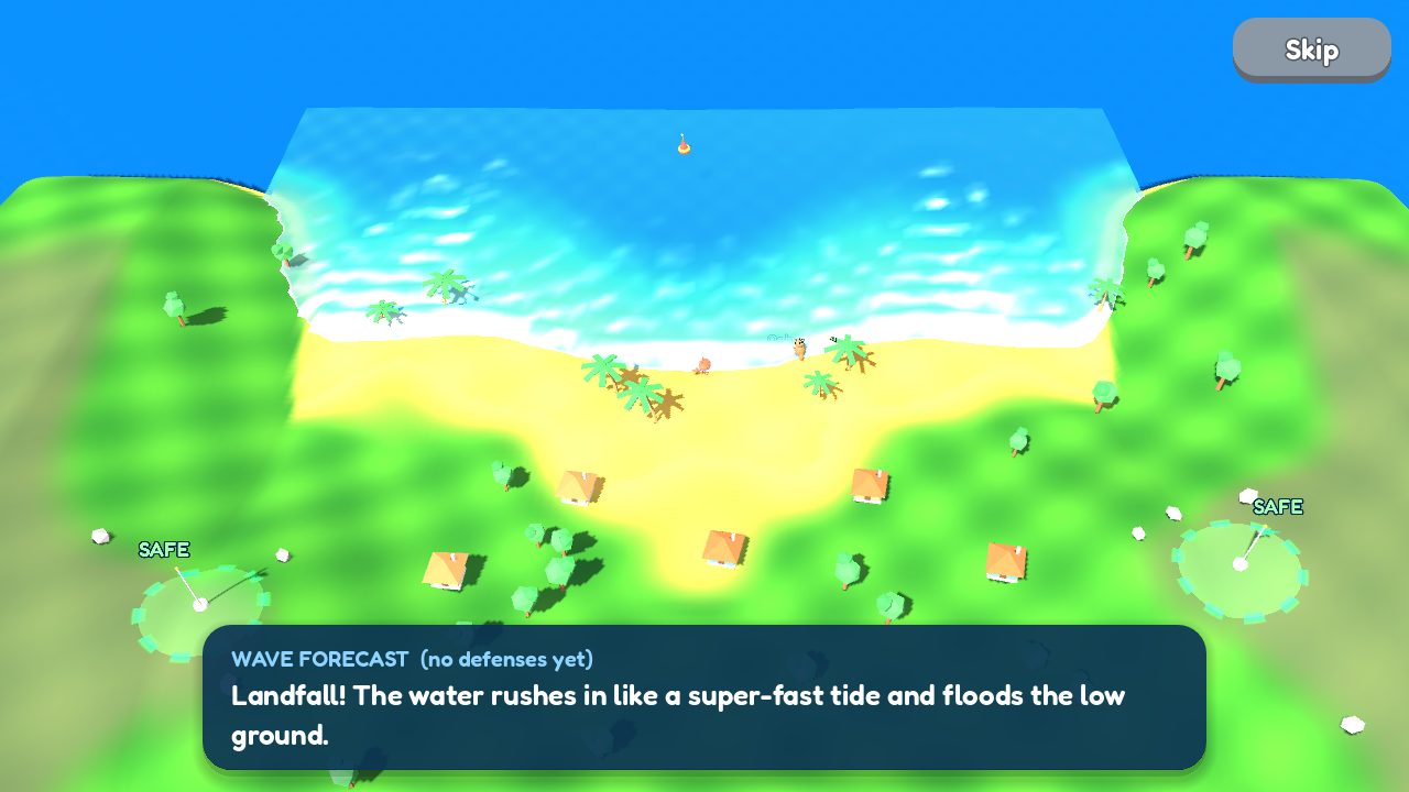 Wave forecast showing the tsunami reaching the island with captions explaining each stage