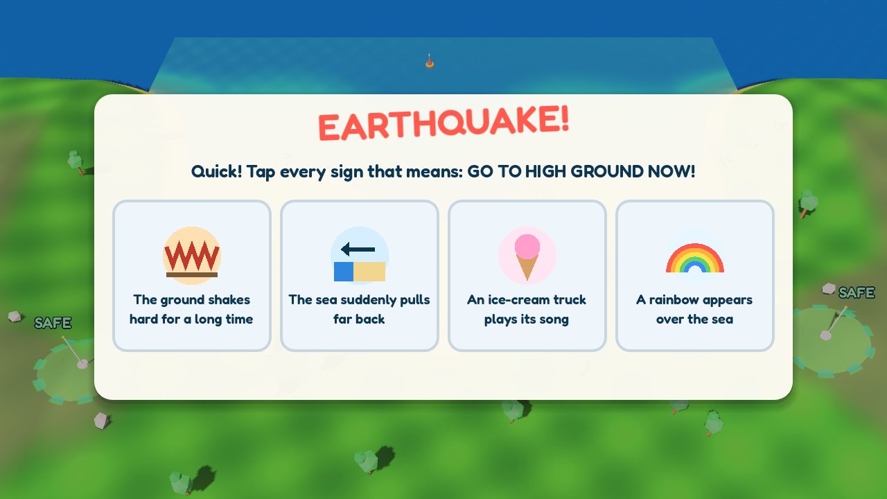 Warning signs quiz with cards for strong shaking, the sea pulling back, and decoys like an ice-cream truck